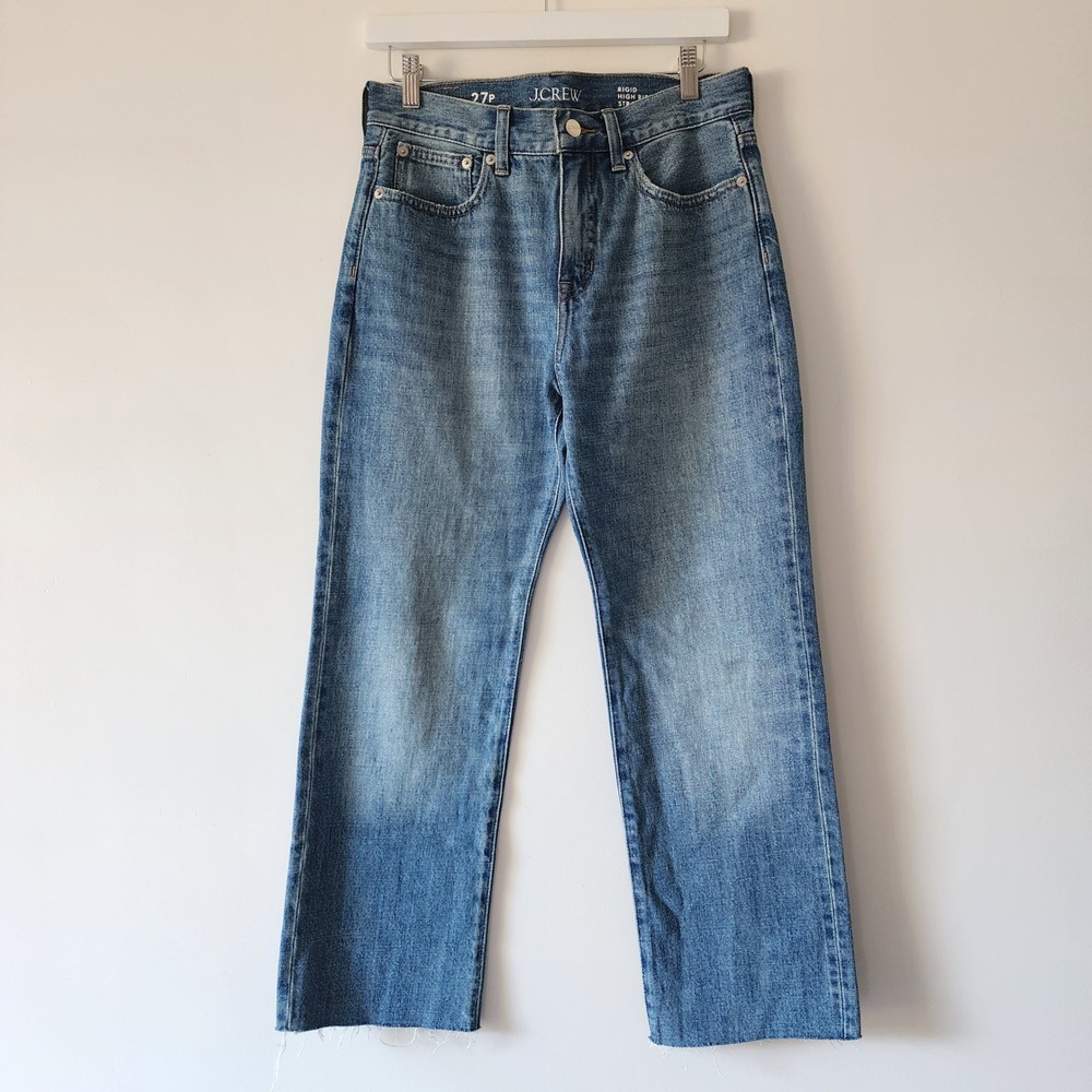 J.Crew Jeans Women 27P Blue Rigid High Rise Straight Cotton Raw Hem Denim Grunge